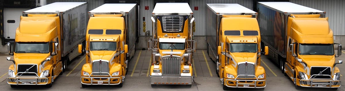 Five yellow Brakebush Transportation tractors backed up to the loading dock