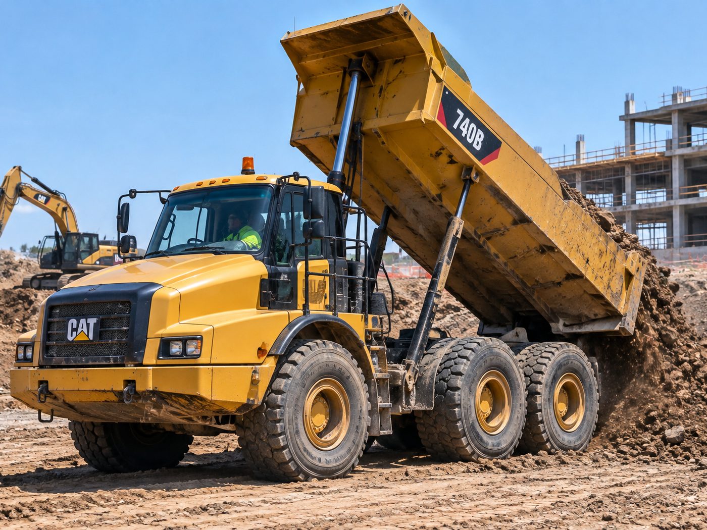An articulated haul truck tipping a load on a construction site