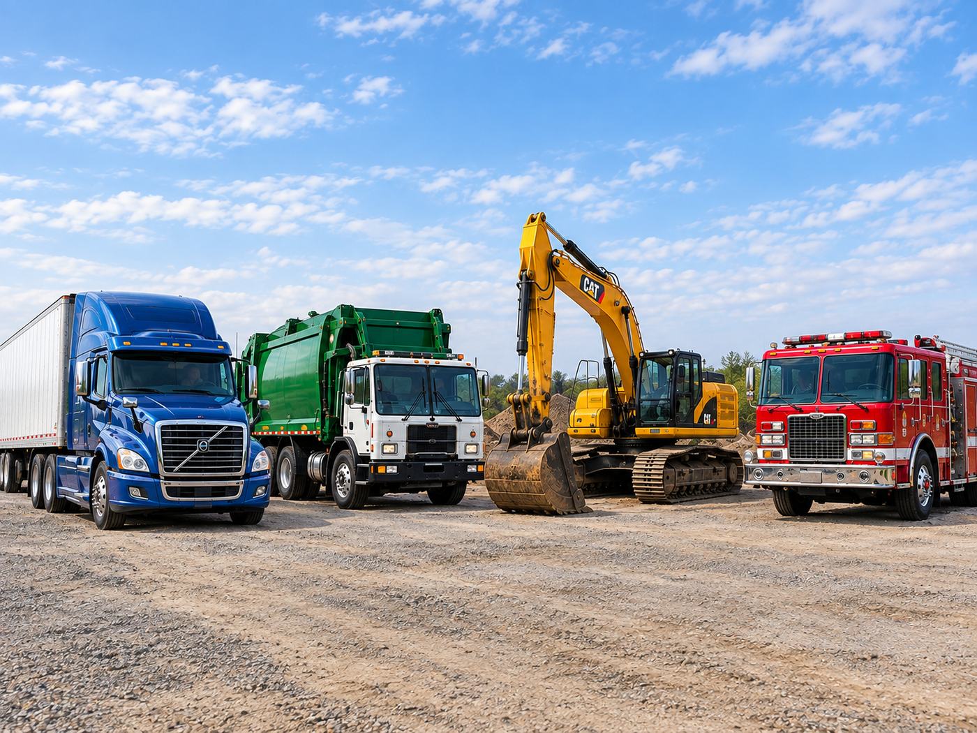 A sleeper tractor, a refuse packer, a tracked excavator and a fire apparatus parked together on a gravel yard
