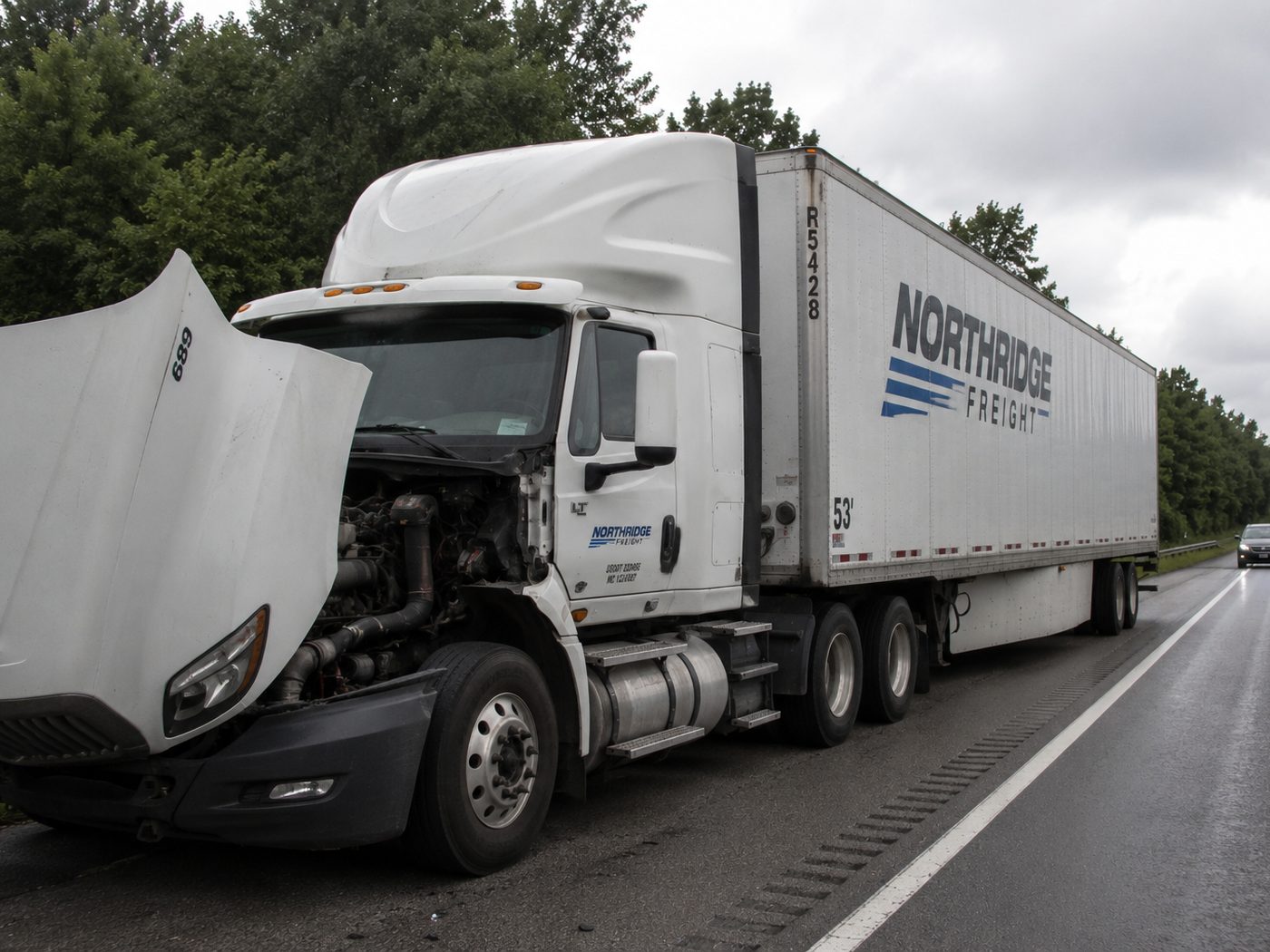 A tractor trailer stopped on the highway shoulder with its hood up
